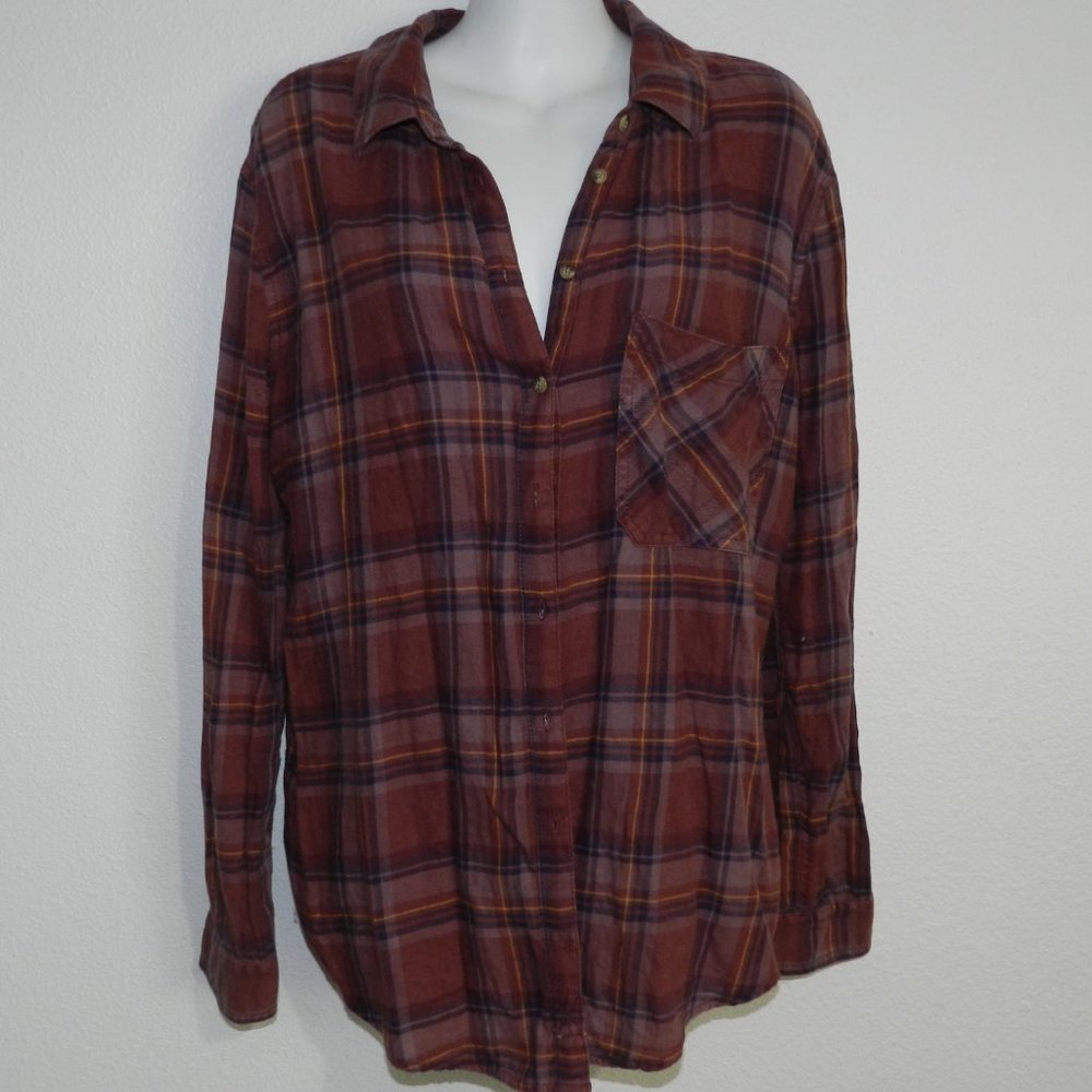 Garage boyfriend fit long sleeve button down plaid shirt in purple/maroon tones